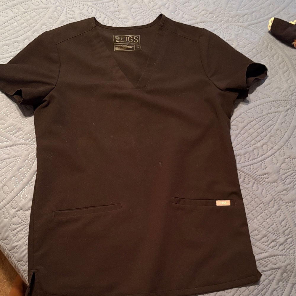 FIGS Black V-Neck Medical Scrub Top with Patch Pocket Detail